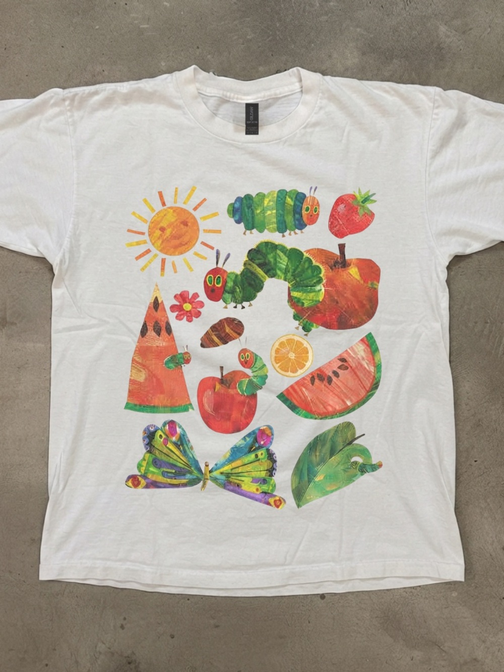 Gildan White Short Sleeve Tee with Colorful Caterpillar & Fruit Graphics